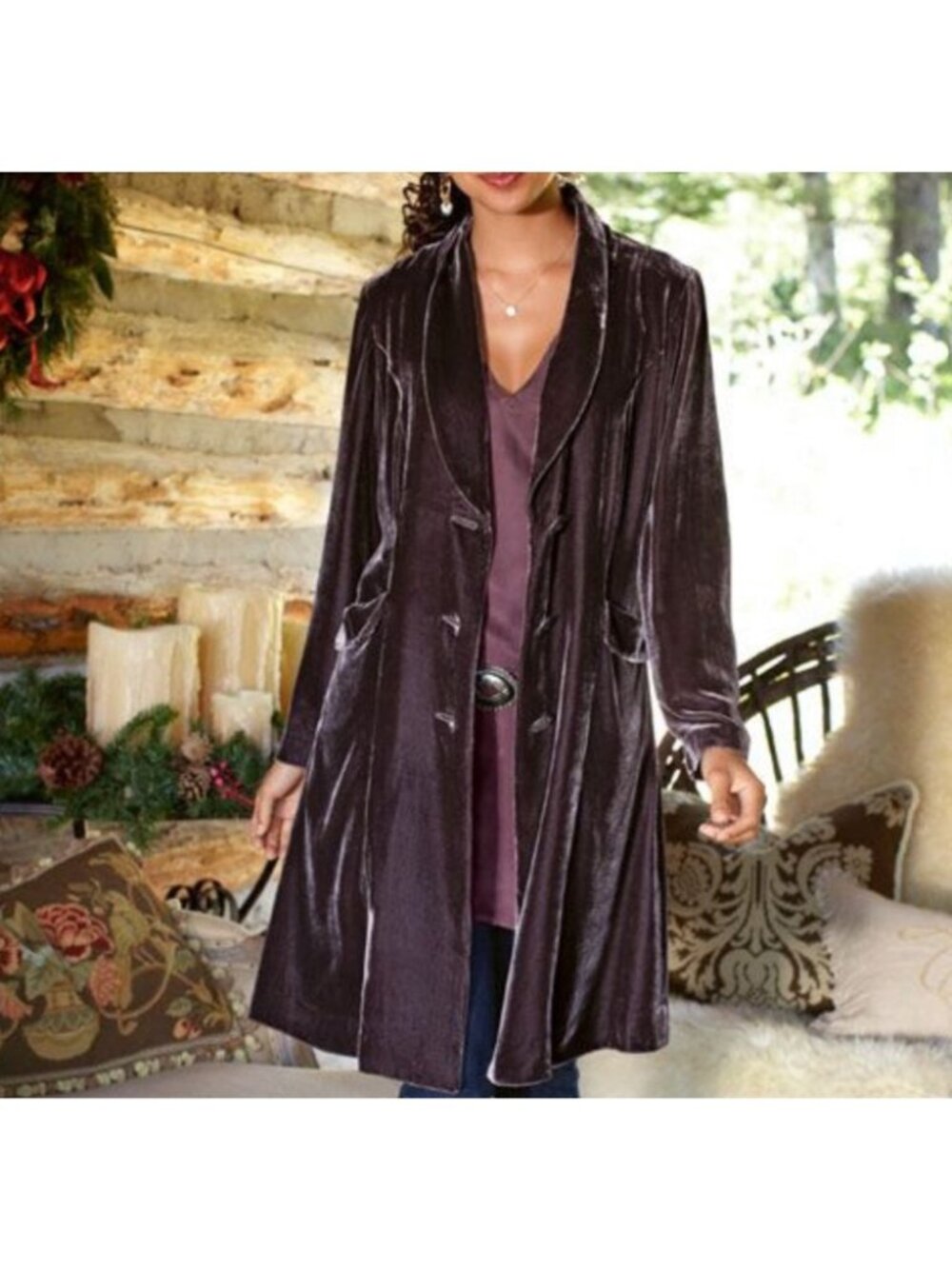 Soft Surroundings Purple Silk Velvet Long Jacket Size PS Petite Boho Romantic